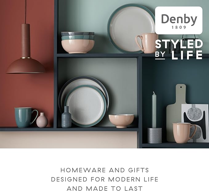 Denby - Elements Shell Peach Dinner Set For 1-4 Piece Ceramic Tableware - Dishwasher Microwave Safe Crockery Single Place Setting - 1 x Dinner Plate, 1 x Small Plate, 1 x Cereal Bowl, 1 x Coffee Mug