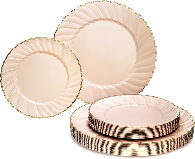 " OCCASIONS " 80 Plates Pack,(40 Guests) Premium Vintage Wedding Party Disposable Plastic Plates Set -40 x 10.5'' Dinner + 40 x 7.5'' Salad/Dessert(Blossom Blush Pink/Gold)