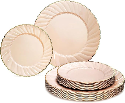 " OCCASIONS " 50 Plates Pack (25 Guests)-Vintage Wedding Party Disposable Plastic Plate Set -25 x 10.25'' Dinner + 25x7.5'' Salad/dessert plates (Blossom Blush Pink & Gold)
