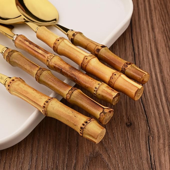 Stainless Steel Flatware Set, Bamboo Handle Silverware Set, Reusable Eating Utensils for Home Kitchen and Restaurant, Modern Gold Cutlery Set, 8 Pieces Dinner Spoons