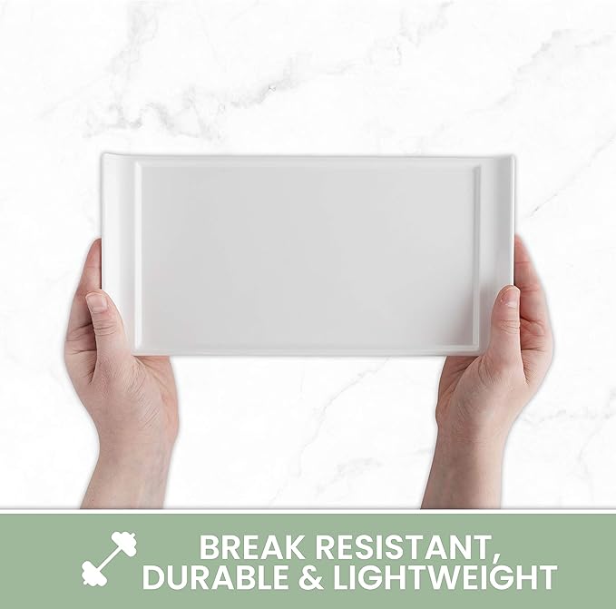 4 Plates Rectangular Dinner Plate 11" x 5.5" Super White, Elegant Dinnerware, 100% Melamine, Non Breakable, Durable