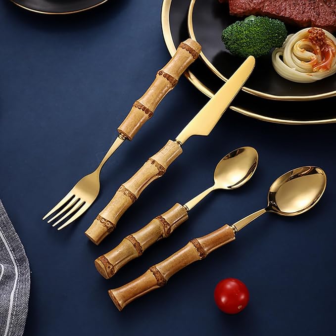 bamboo handle flatware sets for 12, 60 Piece Natural bamboo handle cutlery sets, silverware sets, dinnerware tableware set, Mirror Finished (60-Piece for 12)
