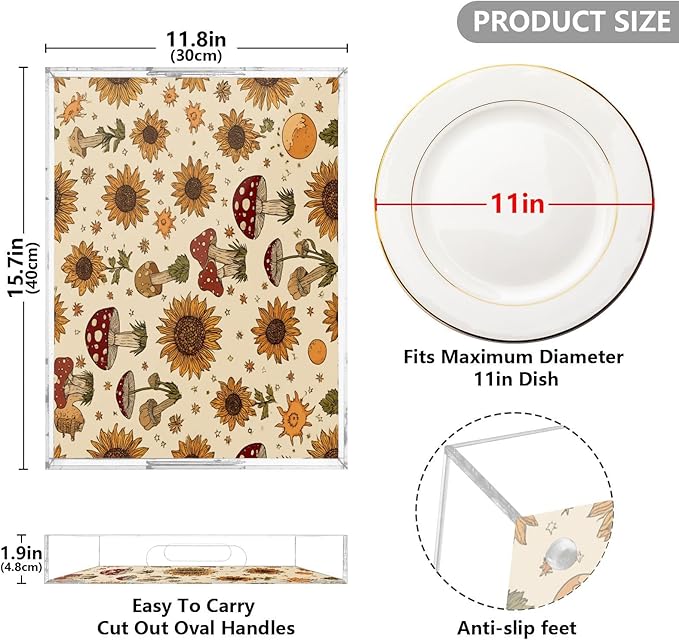 Serving Tray with Handles Clear Acrylic Tray 12x16 Inch Decorative Rectangular Tray Organizer for Ottoman Coffee Table Bathroom Autumn Mushrooms Sunflower Yellow