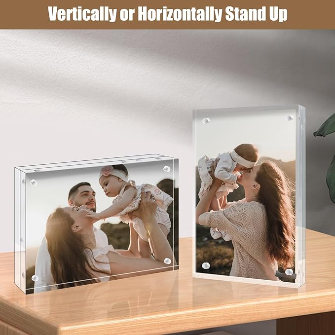 Egofine 4x6 Acrylic Frames 2 Pack, 20mm Thicker Frameless Clear Picture Frames, Double Sided Magnetic Picture Frames, Free Standing Desktop Display