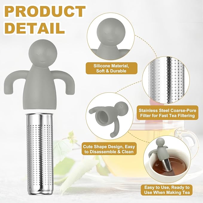 uxcell 2 Pcs Cute Tea Infuser, Stainless Steel Loose Leaf Tea Steeper Filter with Silicone Handle Reusable Coarse Pores Mesh Strainer Diffuser for Teacups Teapots Mugs, Light Gray