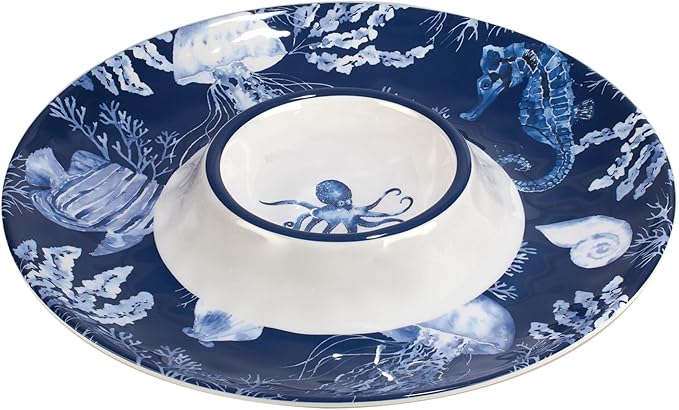 Sea Life 3-Piece Hostess/Serving Set Blue Navy White Coastal Modern Contemporary Rectangle 3 Piece Dishwasher Safe