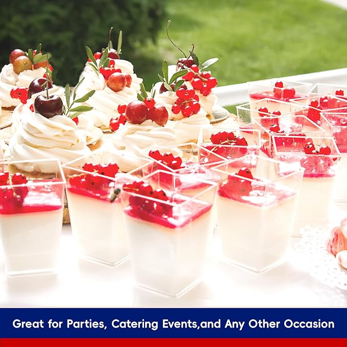 JOLLY CHEF 100 Pack 3 oz Mini Dessert Cups with Spoons and Lids, Square Tall Clear Plastic Parfait Appetizer Cup Small Serving Bowl for Party Desserts