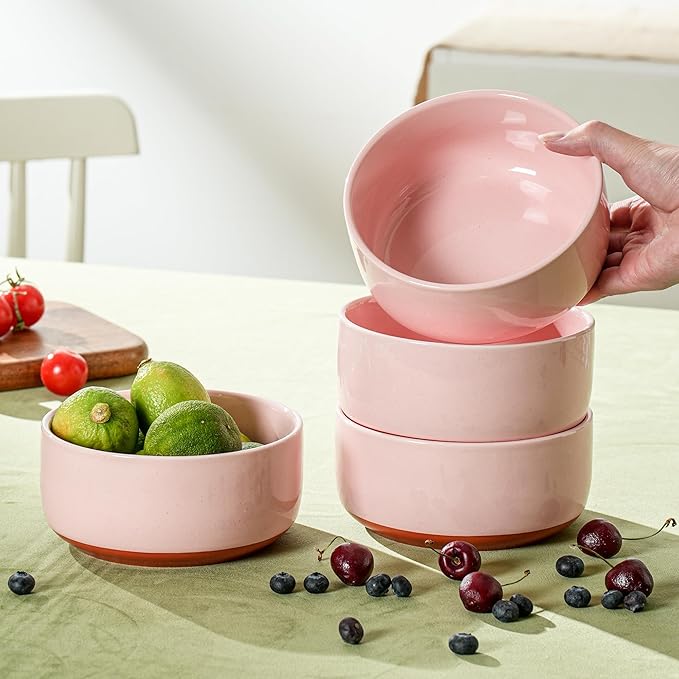 26 OZ Cereal Bowl,6 Inch Ceramic Bowl Sets for 4,Suitable for Breakfast, Soups, Oatmeal, Ramen, Pho, Udon and Ssoba,Dishwasher & Microwave Safe, Handcrafted Bowls Sets,Elegant Pink