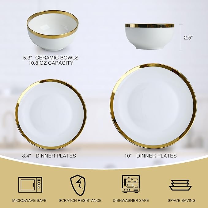 Luxury 12-Piece white Dinnerware Set with Gold Rim for 4,Elegant White bone china Porcelain Plates & Bowls, Microwave and Dishwasher Safe, Chip Resistant Fine Dining Set