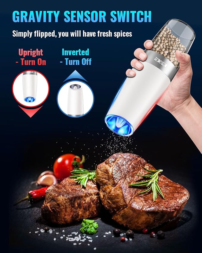 XinXu Gravity Electric Pepper and Salt Grinder Set, Adjustable Coarseness, with LED Light, One Hand Automatic Operation (Set/Snow White X)