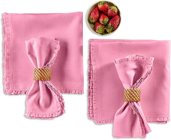 Solino Home Flamingo Pink Linen Dinner Napkins 20 x 20 Inch - 100% Pure Linen Juliette Ruffle Cloth Napkins Set of 4 - Handcrafted and Machine Washable - Christmas