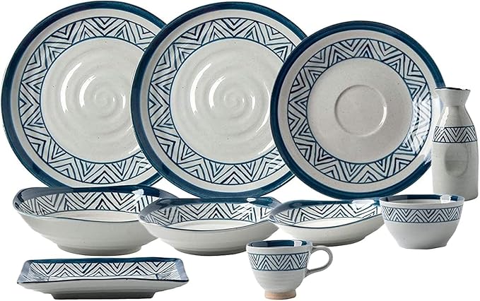 Dinnerware Set Dinner Party Tableware Service Set Porcelain Dinnerware Sets, 28 Pieces Ceramics Dinner Combination Set | Blue and White Lines Cereals Bowls and Steak Plates Sets
