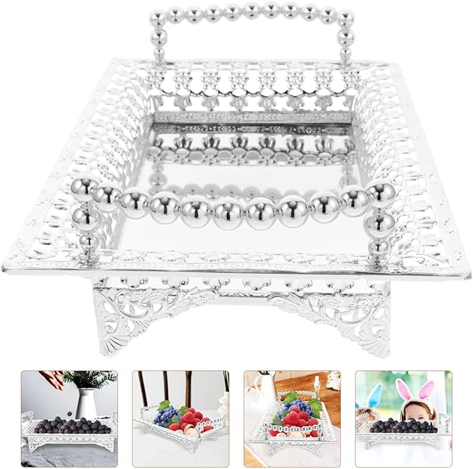 Metal Iron Fruit Serving Tray with Glass Stand, Rectangle Glitter Party Tray Dry Nut Dish with 2 Handle Veggie Candy Bowl for Table Dessert Snack Silver, 10.6X7X2.4in