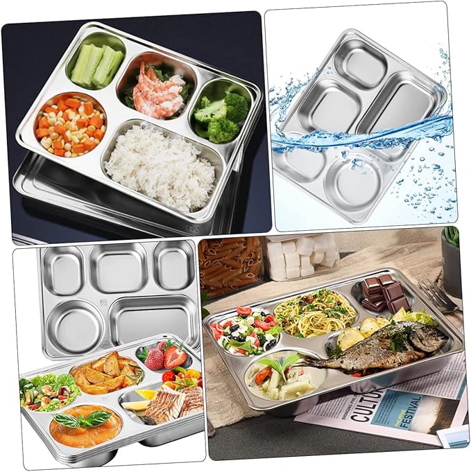 Zerodeko 3pcs Stainless Steel Divided Dinner Plate for Adults Cafeteria Tray Serving Platter Lunch Tray