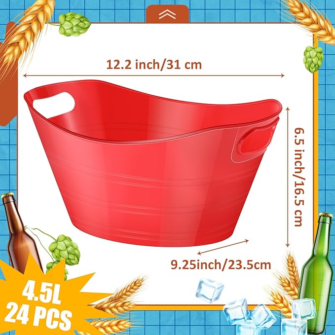 Norme 24 Pcs Oval Storage Tub with Handles 4.5L Plastic Ice Bucket, Wine, Beer, Champagne Drink Cooler for Parties, Beverage Storage Basket(Red)
