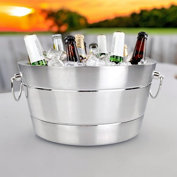 BREKX Stainless Steel Beverage Tub and Ice Bucket with Lid and Scoop Party Combo Set, Silver Double-Walled Insulated Barware Set