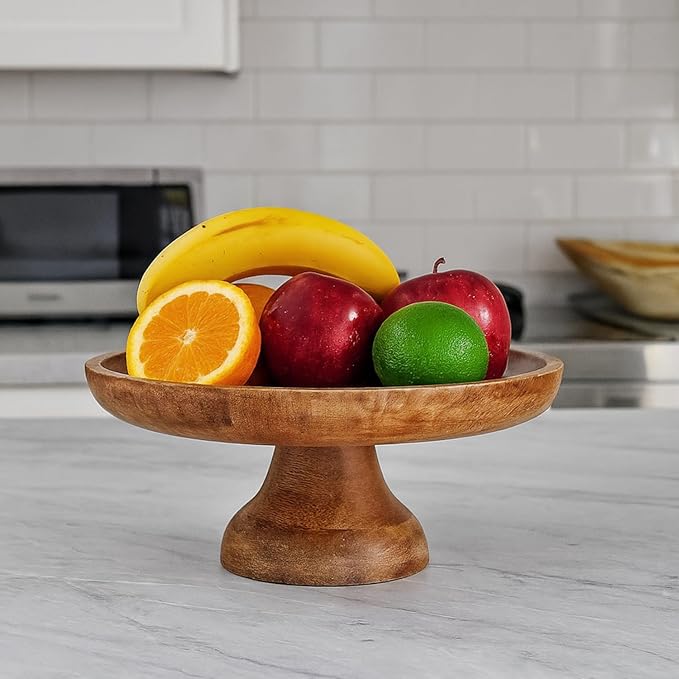 Mela Artisans Wooden Cake Stand 12 Inch | Classic Finish Mango Wood Pedestal Riser | Footed Cupcake & Dessert Stand | Multipurpose Cake Display for Home Decor | Dining Table | Pastries