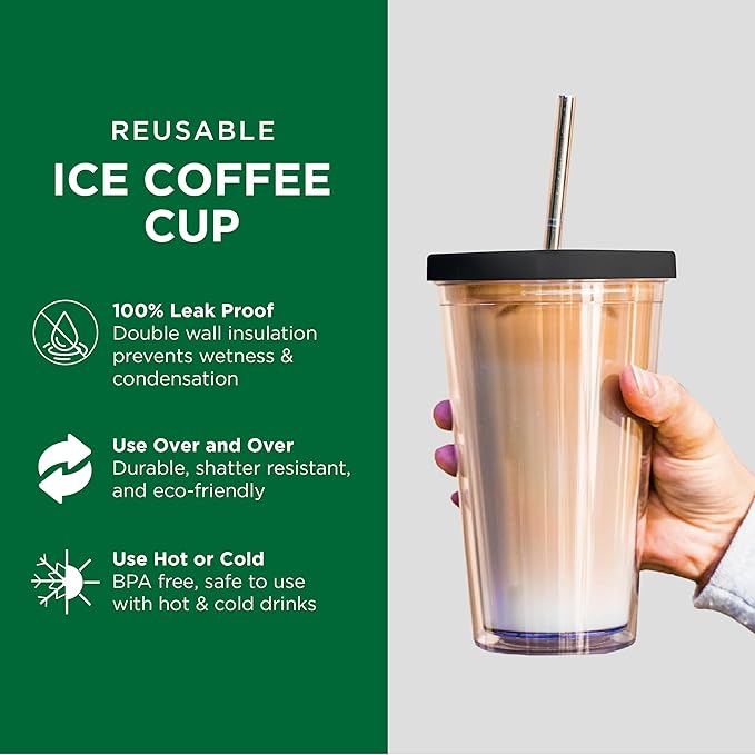 Kensal Home Reusable Iced Coffee Cup (24 Oz/Venti), Leak Proof and Double Wall Insulated Iced Coffee Tumbler, Come with Reusable Plastic and Metal Straws and Straw Cleaner - Black