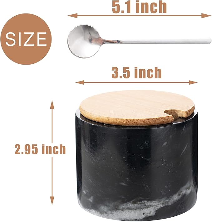 Marble Sugar Bowl with Lid & Spoon, Sugar Container 11oz,Sugar Dispenser Handcrafted from Natural Marble, Smooth Inside (Black)