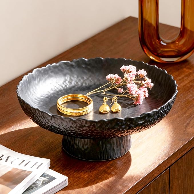 Large Glass Fruit Bowl for Kitchen Counter Decorative Centerpiece Bowl for Table Home Déco, Black Hammered