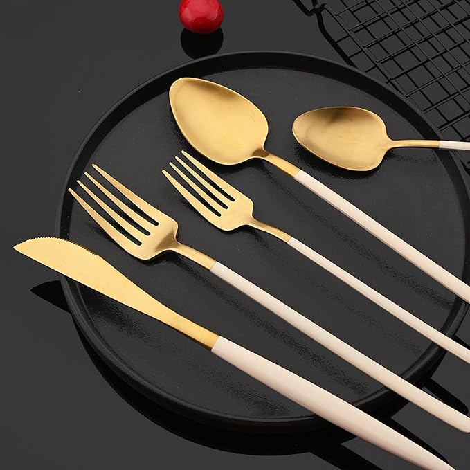 JASHII Slim Handle Silverware Set 20 Pieces, 304 Stainless Steel Colorful Flatware Set, Titanium Plating Cutlery Set, Utensil Sets for Home Dinner Service for 4, Dishwasher Safe - Beige&Gold