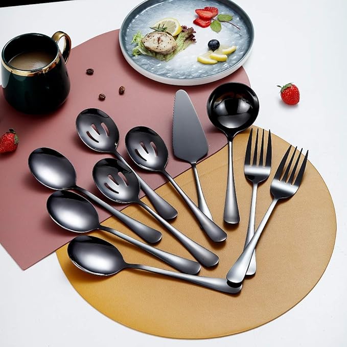 Black 10-Piece Serving Flatware Set, Stainless Steel Serving Utensil Set, Includes Slotted Spoon, Cake Server, Fork, Soup Ladle