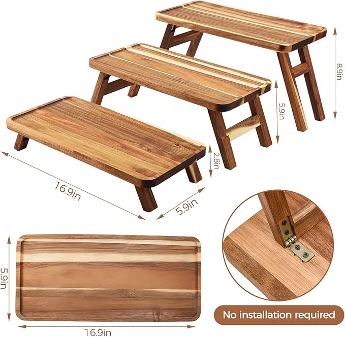 3 Tier Serving Tray for Party,16.9" x 5.9" Platters for Serving Food, Acacia Wooden Tiered Tray Stand Dessert Table Display Set Decor for Party, Birthday, Wedding, Christmas