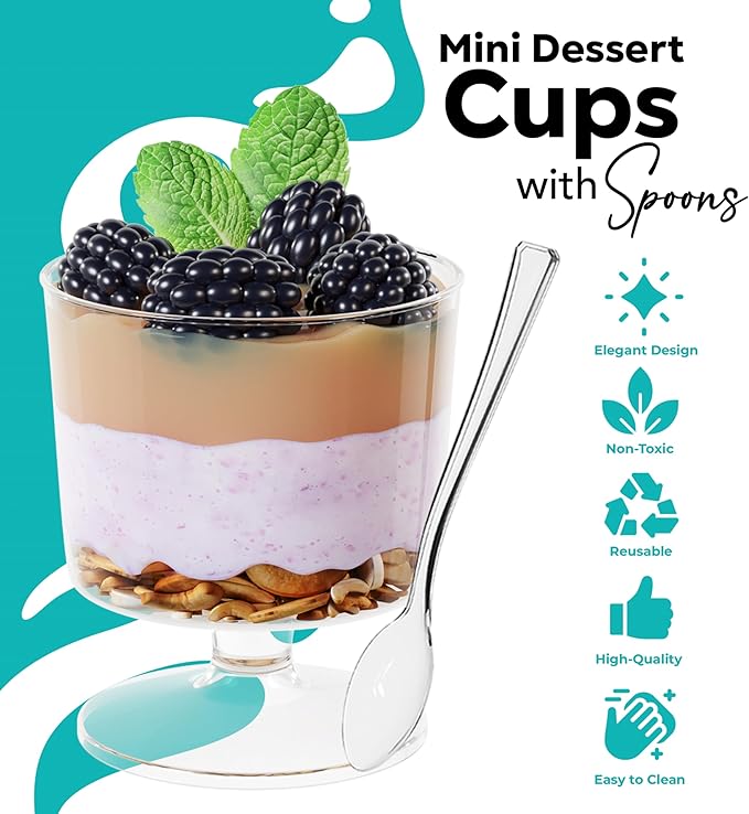 Exquisite Mini Dessert Cups With Spoons 400 Pcs - 2 Oz Round Clear Plastic Pudding Cups Disposable With Tasting Spoons 200 Sets | Mini Parfait Cup | Appetizer Cup For Party & Events