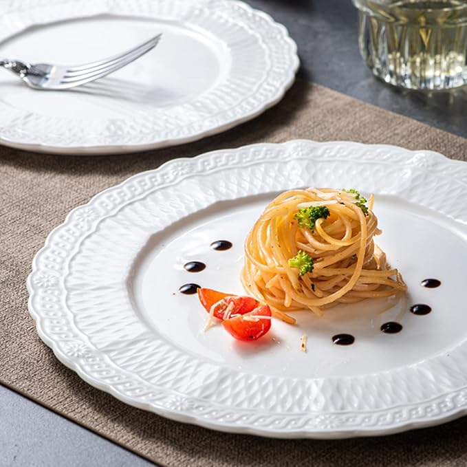 White Appetizer Plates, Sturdy Round Ceramic Flat Dish, Modern Decorative Dinnerware for Wedding Birthday Party, Microwave Dishwasher Safe(Size:20.2 * 20.2 * 0.6CM)