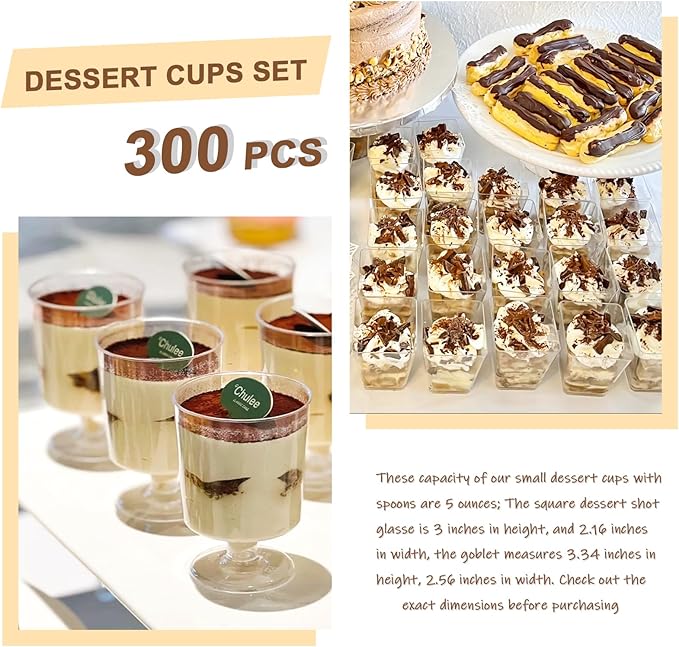 mwellewm 300 Packs Dessert Cups with Spoons, 5 OZ Mini Clear Plastic Dessert Parfait Cup for Party, Square Dessert Shot Glasse Round Goblet Small Reusable Fruit Ice Cream Pudding Appetizer Cup Bowls