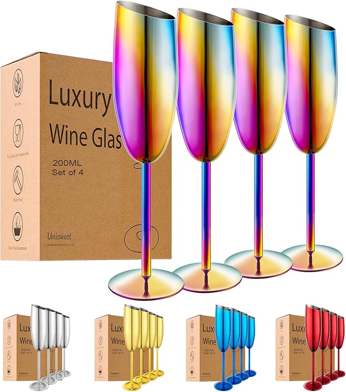 Champagne Flutes Set of 4, Premiumty Stainless Steel High Footed Champagne Glasses, 7oz Capacity,Unbreakable Slanted Champagne Glasses