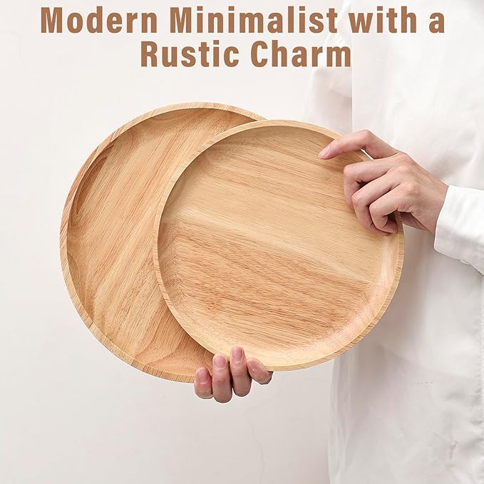 9.5" Round Wooden Serving Tray, Small Round Wooden Serving Platter for Bread, Fruit, Dessert, Various Food Storage and Display, Wood Try Organizer for Home Kitchen Countertop