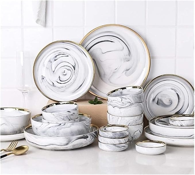 Dinnerware Sets Dish Set,Ceramics European Style Marble Dishes and PlatePorcelain Cake Dish Pastry Fruit Tray Ceramic Tableware Steak Dinner Plate