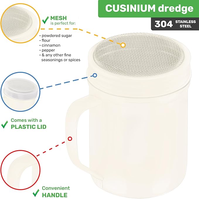 CUSINIUM 6 Ounce Ivory Powder Sugar Shaker With Handle - Fine Mesh - With Plastic Cap - Pack of 2