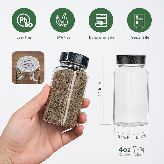 2pcs Black Spice Jars, 4 oz Glass Seasoning Bottles, Spices Container, Empty Spice Jars, Square Spice Bottles with Airtight Plastic Caps with Shaker Lids