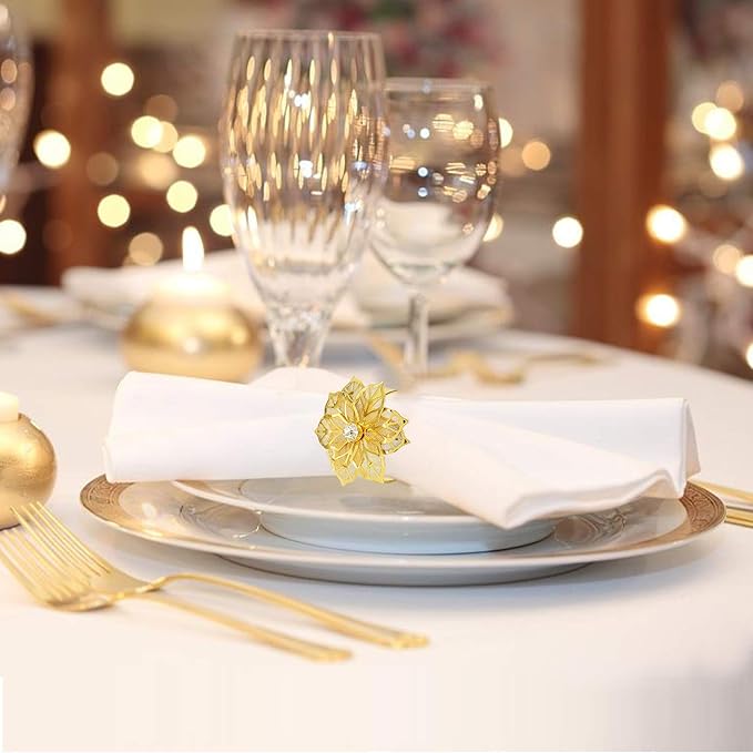 Pack of 18 Napkin Rings Alloy Hollow Out Flower Napkin Holder Dinning Table Napkin Ring for Dinner Parties Wedding Banquet Table Setting Family Gatherings Table Decor (Gold Flower, 18)