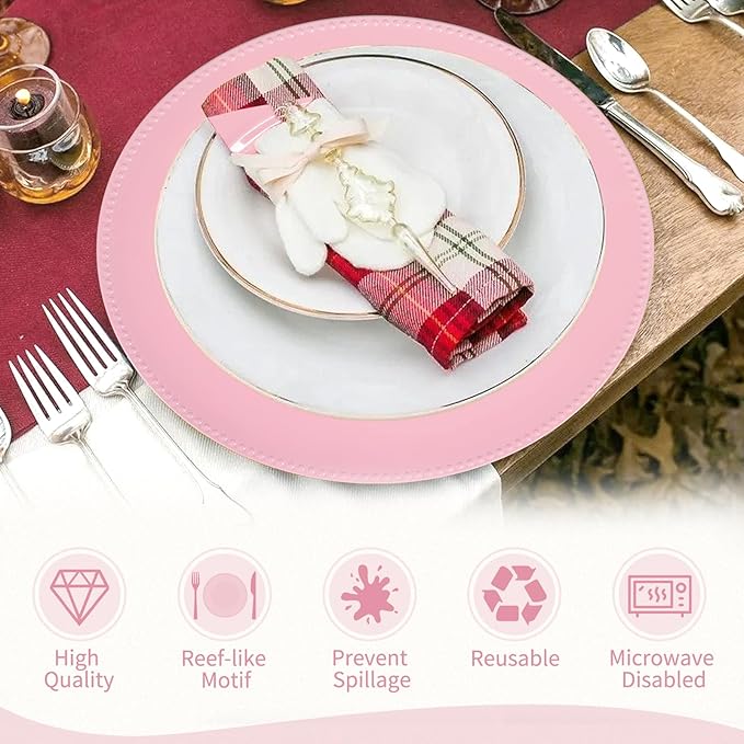 fani 50 Pcs Pink Charger Plates Bulk, 13'' Round Beaded Dinner Charger Plates, Plastic Reusable Vintage Table Decoration for Wedding, Party, Reception, Event, Holiday Supplies