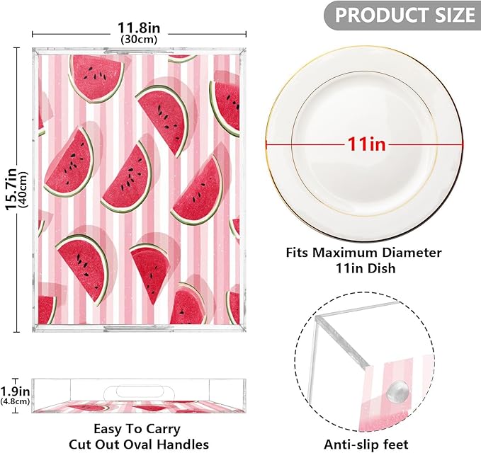 Serving Tray with Handles Clear Acrylic Tray 12x16 Inch Decorative Rectangular Tray Organizer for Ottoman Coffee Table Bathroom Pink and White Striped Juicy Watermelon Slices