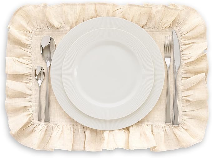 Solino Home Linen Placemats Set of 4-100% Pure Linen Light Natural Placemats 14 x 19 Inch - Gabrielle Ruffle, Handcrafted and Machine Washable