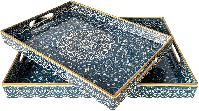Decorative Tray, Blue Serving Tray with Handles, Set of 2, Plastic Coffee Table Tray for Living Room, Ottoman, Bathroom, Kitchen, Decor, Large 15.7”*11.8”, Small 13.7"*9.8"