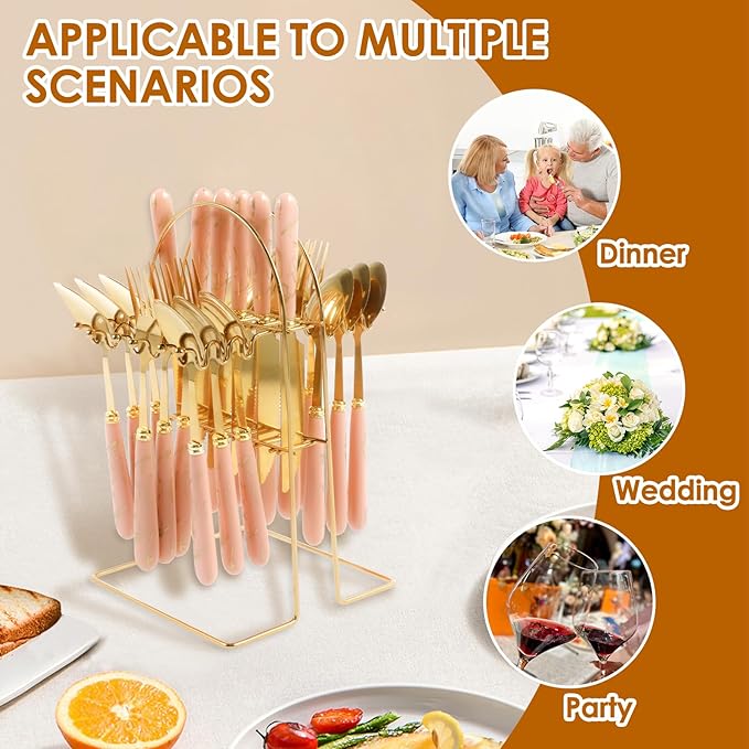 24 Pcs Silverware Set with Hanging Holder, Stainless Steel Flatware Set, Kitchen Utensil Tableware Set with Stainless Steel Knives and Forks and Spoons, Mirror Polished, Dishwasher Safe (Pink)
