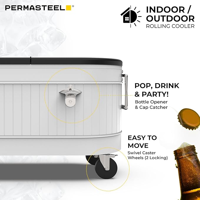 Permasteel Rolling Patio Cooler – Large Outdoor Ice Chest with Wheels, Beverage Cooler for Backyard, BBQ, Tailgate, Beach, Parties, Rustic Farmhouse Design