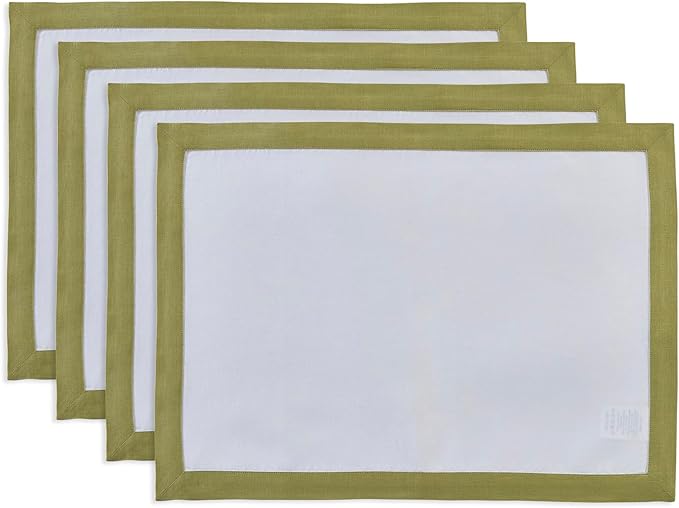 Solino Home Linen Placemats Set of 4 - Avocado and White Placemats 14 x 19 Inch - 100% Pure Linen Table Place Mats for Winter - Classic, Handcrafted and Machine Washable