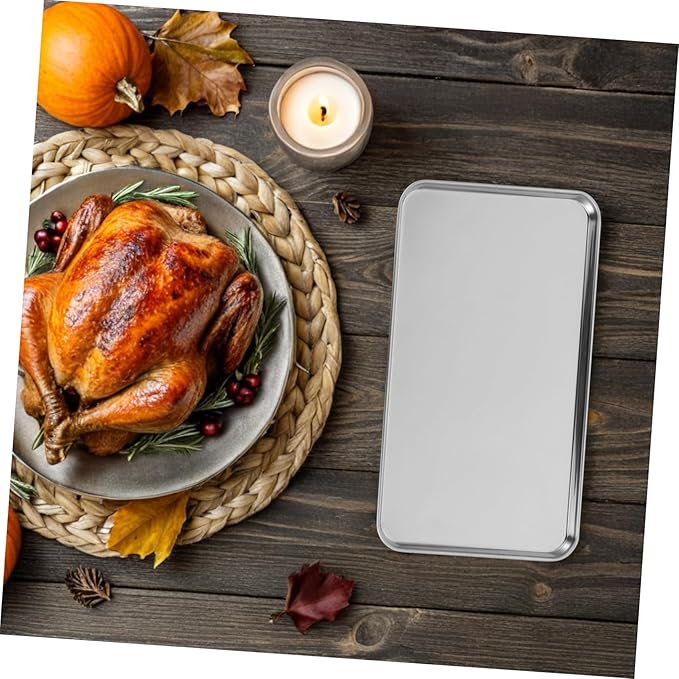 Stainless Steel Rectangular Serving Tray Silver Platter Flat-Bottom Fruit Tray Multipurpose Kitchenware for Home Cafes Hotels Easy Clean