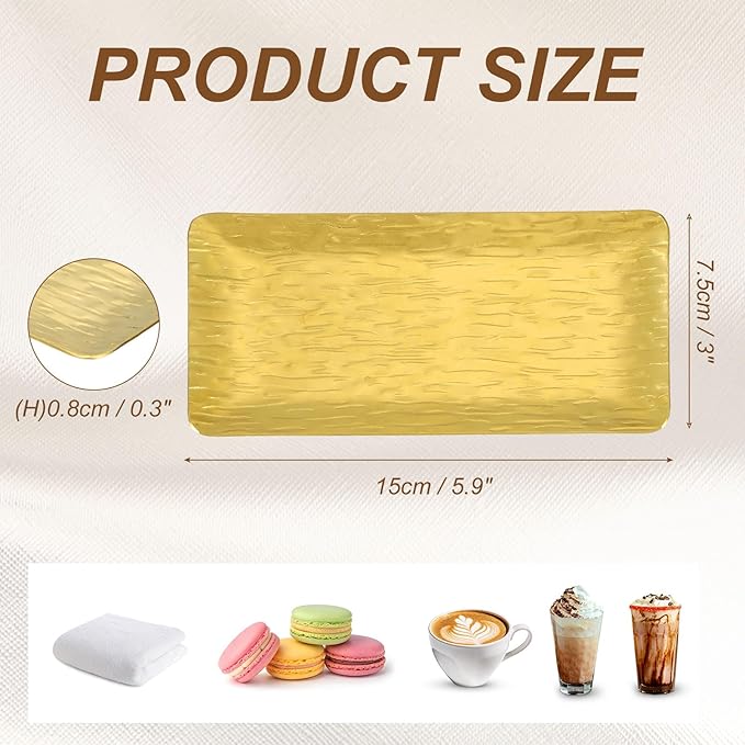 uxcell Decorative Tray, 5.9x3 Stainless Steel Rectangular Frosted Serving Tray with Streak Grain Pattern for Dessert Napkin Towel Candle Jewelry Bathroom Platter, Stackable, Gold