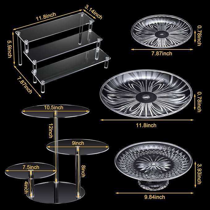 6 Pcs Acrylic Cake Stands Set Include 2 Display Risers 1 Pcs 4 Tier Cupcake Tower and 3 Clear Round Dessert Trays Cake Table Holder for Wedding Baby Shower Decoration(Vintage Style)