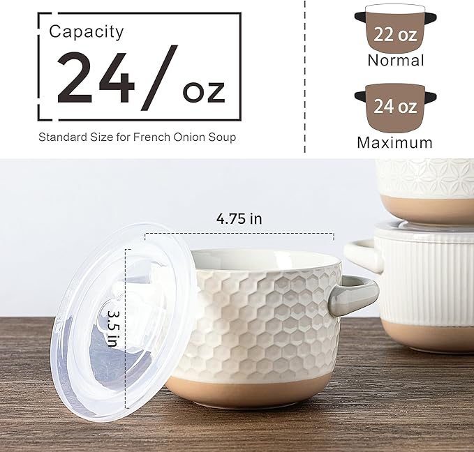 AmorArc 24 Ounces Soup Bowls with Large Handles and Lids, Stoneware Bowls Set of 2 for Soup,Stew, Noodle, Ceramic Kitchen Bowls With Embossed Patterns, Microwave&Dishwasher Safe, Light Beige