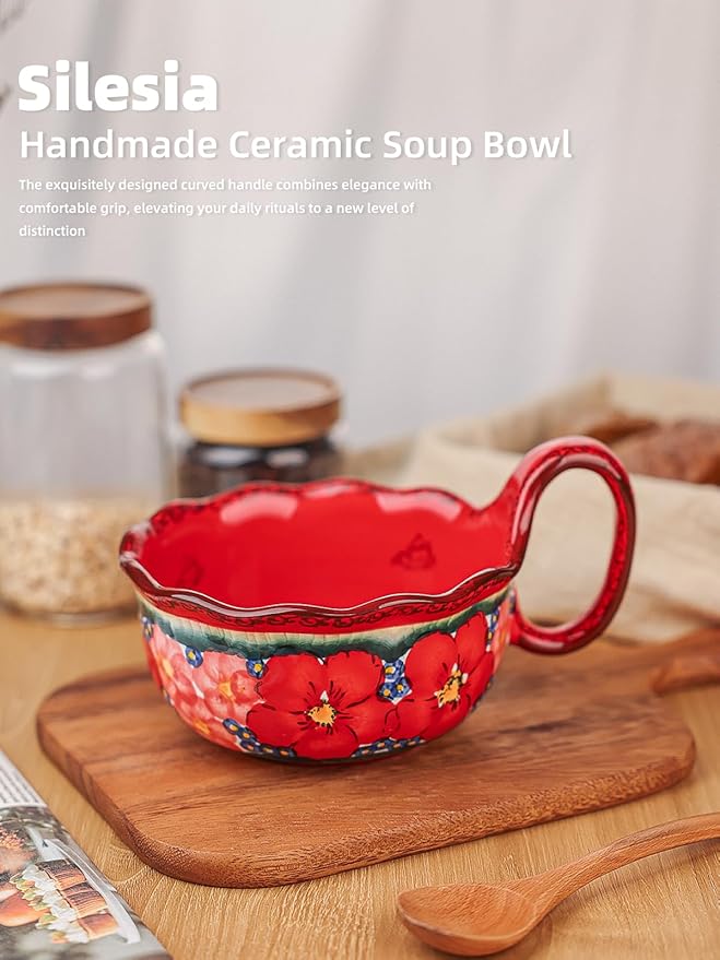 silesia Handmade Ceramic Soup Bowl, 30 oz Hand Painted Bowl with Loop Handle, Floral Design Cereal Bowl for Soup, Ice cream, Snack, Microwave & Dishwasher Safe (Glazed Red)