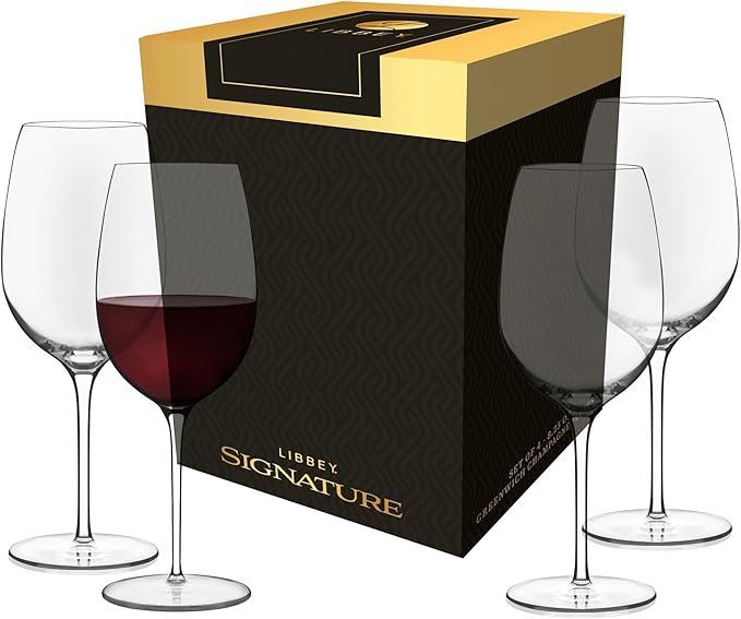 Libbey Signature Kentfield Wine Glasses, 20-Ounce, Set of 4, Made in USA, Dishwasher Safe, Classic Stemmed Glassware, Gift Box