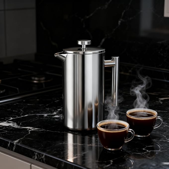 French Press Coffee Maker 34 Oz, Dual-wall insulation, easy clean, durable, Stainless Steel French Press Coffee Maker, Food grade, safe and reliable, suitable for home and camping, silver.